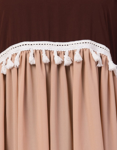 Muslim Two Color With Lace Gathered Abaya Brown